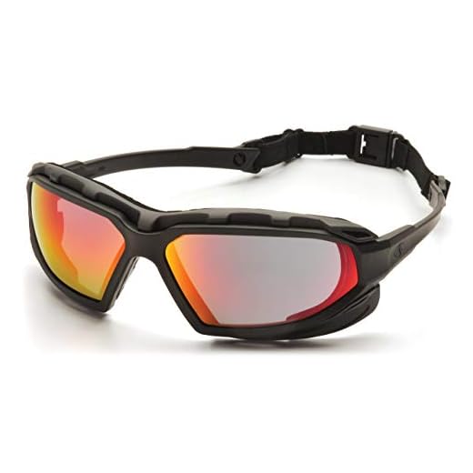 Pyramex Safety Highlander XP Eyewear, Black-Gray Frame/Sky Red Mirror Anti-Fog Lens