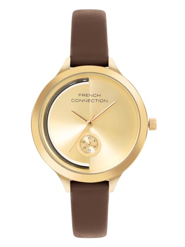French Connection Side Second Gold Round Dial Leather Strap Casual Premium Sunray & Brush Feature Wrist Watch for Women - FCB12BRL