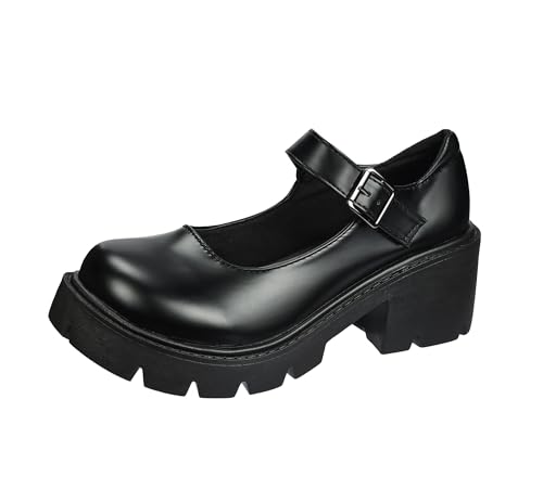 TRIWORIAE-Merceditas Mujer Mary Jane Zapatos de Tacón Ancho Cómodos con Plataforma Mujer Lolita Negro Mate 38