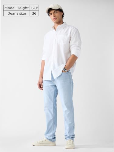 Image of The Souled Store Slim-Fit Denim: Frost Blue Men and Boys Buttoned Solid Cotton Slim Fit Jeans