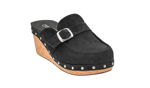 Corkys Footwear Just Precious 2.5-Inch Heel Wedges Black, Memory Foam Insoles, Slip-On Design, Chic Buckle & Stud Accents, Closed-Toe3