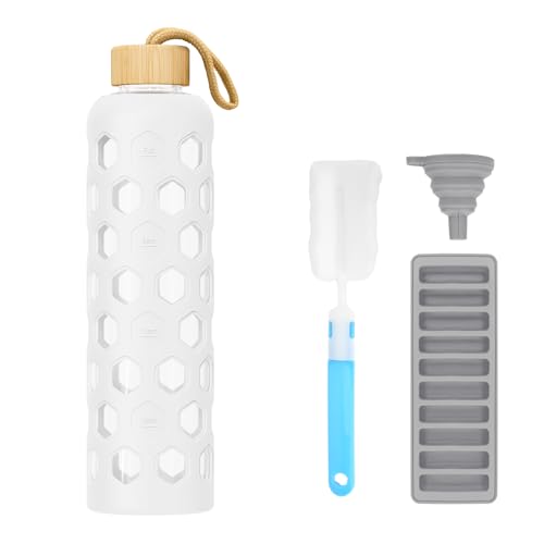 Luxgola 32 oz Glass Water Bottle with Bamboo Lid, Reusable Clear Drinking Bottles with Silicone Sleeve and Time Marker, Motivational Glass Tumbler with Funnel and Ice Tray, BPA Free (White-1 Pack)