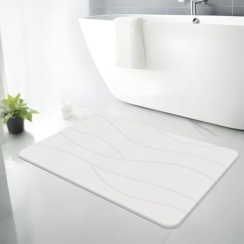 THMINS Extra Large Stone Bath Mat, 32''x20'' Non-Slip Diatomaceous Earth Stone Bath Mat, Super Absorbent Quick Drying for Bathroom/Kitchen, Easy to Clean(White Line1) Cover