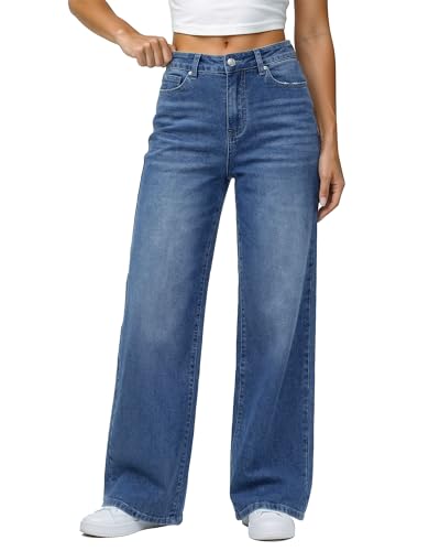 GRAPENT Cute Clothes Womens High Rise Jeans Casual Work Outfits for Women High Waist Wide Leg Jeans Baggy Y2K Jean Pants for Women High Waist Color Nightfall Blue X-Large Size 16 Size 18