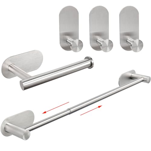 TocTen 5 Pieces Self Adhesive Towel Bar Set, Stainless Steel Bathroom Hardware Set Include Adjustable Towel Rack, Toilet Paper Holder, 3 Towel Hook, No Drill Bathroom Accessory Kit(Brush Nickel,24IN)