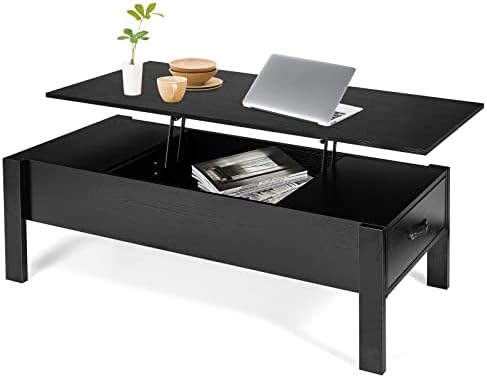 CASART Lift UP Top Coffee Table, Wooden Lifting Sofa Side Table with Shelves/Drawers, Home Office Floating Retractable Snack Tea Tables for Living Room Bedroom Study(Black, with Side Drawers)