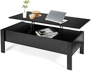 CASART Lift UP Top Coffee Table, Wooden Lifting Sofa Side Table with Shelves/Drawers, Home Office Floating Retractable Snack Tea Tables for Living Room Bedroom Study(Black, with Side Drawers)
