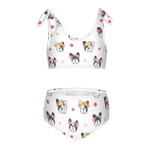 Wusikd Cartoon French Bulldog Girls Swimsuits Two Piece Flower Swimwear Bikini Set for for Girls Size 5-6T