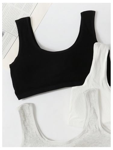 OYOANGLE Girl's 3 Packs Bow Graphic Ribbed Knit Training Bra Square Neck Padded Wireless Comfy Everyday Bras3