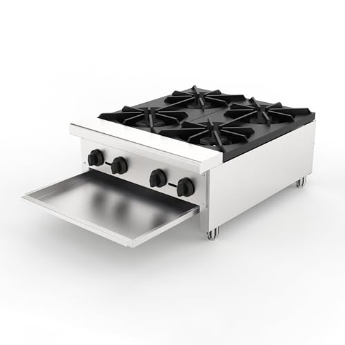 Image of Commercial Gas Stove with 4 Burners, Freestanding Propane and Countertop Natural Gas Range Stove, Stainless Steel Hot Plate, Commercial Cooking Equipment for Restaurant Kitchen, 112,000 BTU
