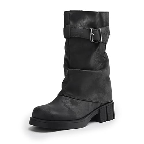 Women's Fold Over Dress Chunky Heel Knee High Boots Comfor Square Toe Gothic Moto Buckle Boots Wide Calf Slouch Riding Boots