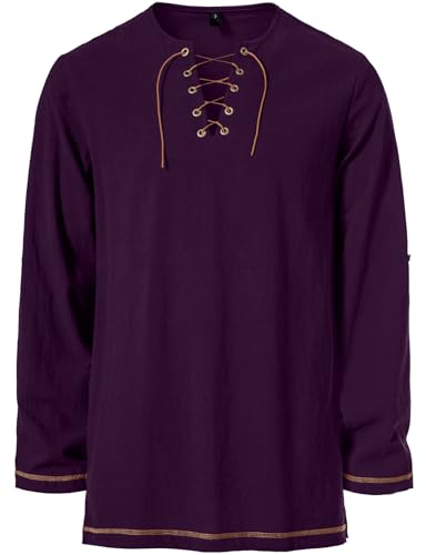 Image of JEMITOP Men's Pure Cotton Vintage Lace Up Shirts for Pirate Renaissance Viking Medieval Costume Without Belt