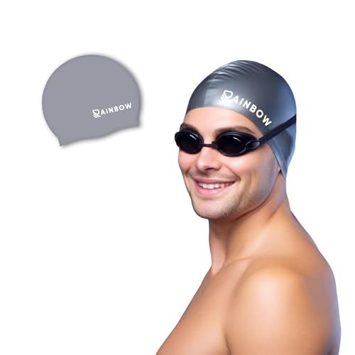 Image of Rainbow Silicone Swimming Cap for Men, Women & Kids | Stretchable Swim Cap for Long & Short Hair | Durable, Waterproof & Comfortable Fit - Grey