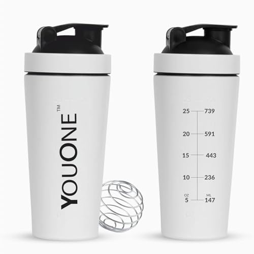 Image of YOUONE Stainless Steel Shaker Bottles For Gym - 100% Leakproof Guarantee, Ideal For Protein, Pre Workout, Bcaas & Water Bpa Free Material (White)