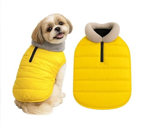 Image of The Pets Company Dog Winter Coat Jacket, Clothes, Windproof, Waterproof, Light Weight, Washable, Ultra Warm Thick Fleece Lined Dog Vest for Cold Weather Protection, (Yellow, Small - 14 Inch)