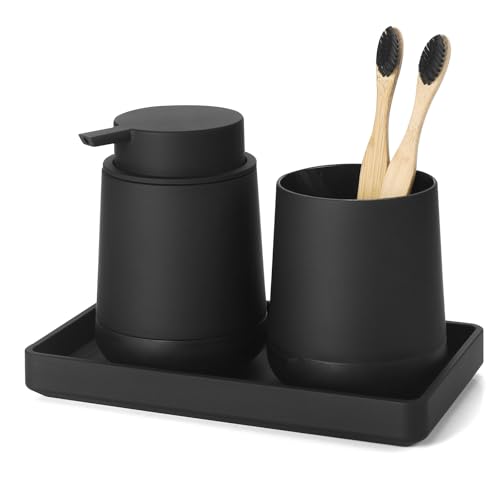 Black Bathroom Countertop Accessories Set - Soap Dispenser and Toothbrush Holder with Silicone Boot,Vanity Tray (Black Liquid)