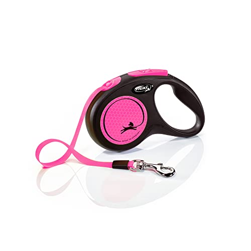 flexi Neon S | 5m Gurt Roll-Leine für Hunde bis 15 kg | schwarz/neon-pink | ausziehbare Hundeleine | Gewicht 203 gr | Maße 10 x 16.5 cm