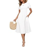 Zattcas Womens 2025 Summer Casual Ribbed Midi Dress Crewneck Short Puff Sleeve Striped Fit and Fl...