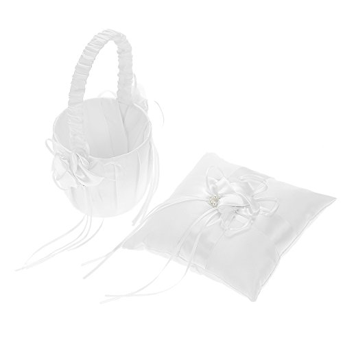 Flower Basket And Ring Pillow Set, Ivory Satin Bowknot Ring Bearer Pillow And Wedding Flower Girl Basket Set (Flower) #TOP2