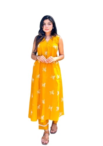 Image of MOKOSH Women's Cotton Embroidered & Hand Work Kurta Pant Set | Co-ords Set | Embroidery & Hand Work | Indian Kurta Outfit With Pant |2 Piece Outfit | V Neck Sleeveless