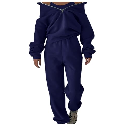 Image of Generisch Women's Fashion Women's Jogger Sweat Sets Women's Half Zip 2-Piece Outfit Jogger Trousers Sweatshirt Set Travel, navy, M