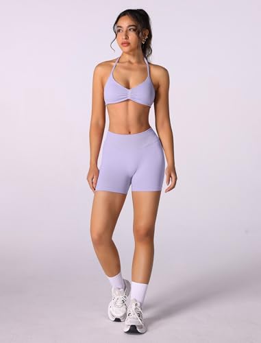 Image of ABOCIW Womens Seamless Workout Sets 2 Piece Strappy Halter Sports Bra Scrunch Butt Shorts Gym Yoga Outfits