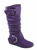 TOP Moda Bank-81 Women's Fashion Round Toe Flat Heel Zipper Buckle Slouchy Mid-Calf Boot Shoes (Purple, 11)