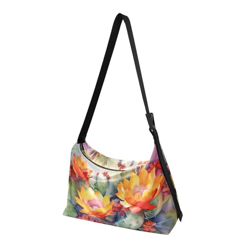 Shoulder Bag for Women-Watercolor Cactus Print, Large Capacity Leather Crossbody Purse Handbags Zipper Closure with Fabric Strap