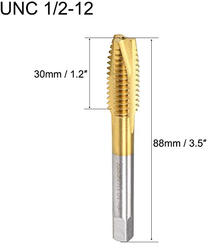 XYWHPGV Spiral Point Plug Threading Tap UNC 1/2-12 Thread, Ground Threads H2 3 Flutes, High Speed Steel HSS 6542, Titanium Coated, Round Shank with Square End, 2pcs(9dea0 55e7d 08942 22a37 fac5e f245b