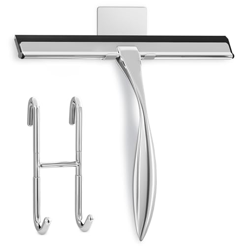 Image of Shower Door Squeegee with Hook - 12 inch Silicone Blade, Stainless Steel Squeegee for Shower Glass with Adhesive Mount - All-Purpose Bathroom Tile, Mirror, & Window Wiper for Streak-Free Cleaning (Silver)
