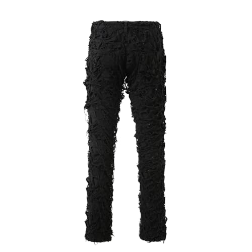 Men’s Black Stacked Jean Composite Fabric Ripped Jeans Destroyed Straight Denim Pants Hip Hop Trouser Streetwear2