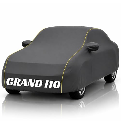 Image of Safe-Cars New Grey 100% Waterproof Grand i10 Car Cover | Polyester Car Body Cover for Rain & Sun | UV Protection, Dustproof, Scratch Resistant, Windproof, Heat Resistant, Custom Fit