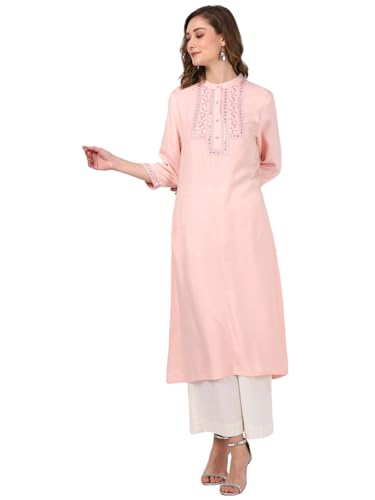Image of rangita Women's Rayon Relaxed Fit A Line Calf Length Embroide A-Line Kurti | Kurta