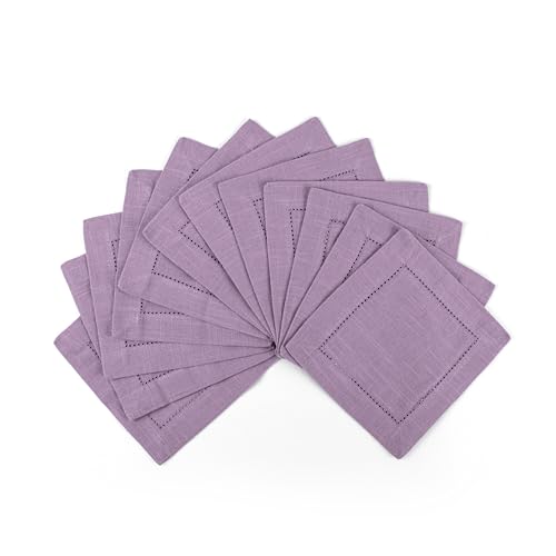 Image of Fingercraft Cotton Cocktail Napkins 6x6 Inches - Set of 12 Reusable Cloth Beverage Coasters with Elegant Ladder Hemstitch - Perfect for Parties, Bars & Home Use (Lavender Slub)