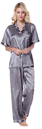 Sunrise Women's Short Sleeve Classtic Satin Pajama Set (XX-Large, Silver Grey)
