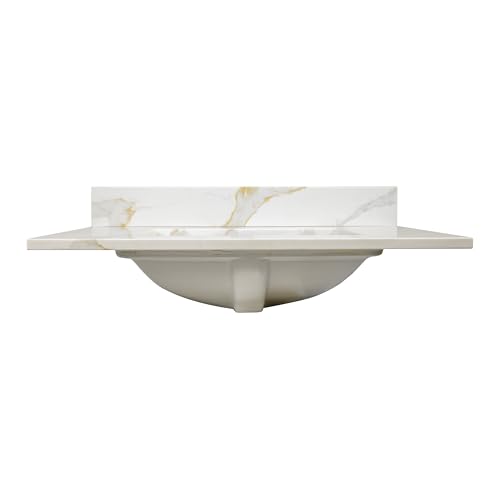 Image of Design House Calesco Calacatta Quartz Bathroom Vanity Top, White with Taupe and Grey Veining, Pre-Mounted White Bowl, 31 in L x 22 in W x 12.5 in H, with Backsplash, 4 in Center Set, 227900-CC-CC