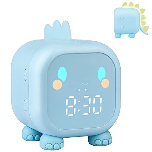 Ayybboo Reloj Despertador Digital Infantil Dinosaurio, Simulador de Amanecer Con Luz, Temperatura y Snooze para Niños (Azul)