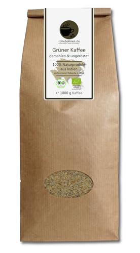 Café verde orgánico molido - Robusta India (Café molido, sin tostar 1000g) - Certificado GMP