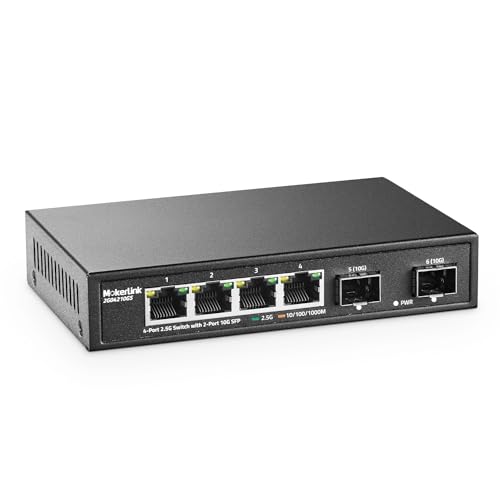 MokerLink 4 Port 2.5G Ethernet Switch with 2x10G SFP, 4 x 2.5G Base-T Ports Compatible with 10/100/1000Mbps, Metal Unmanaged Fanless Network Switch