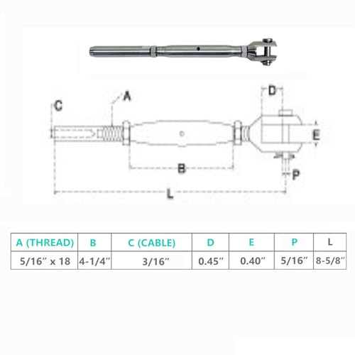 Prolinemax Marine Tensores para Cables de Acero Acero Inoxidable T316 Quijada M-13472 5/16" y Cable 3/16" miniatura 2