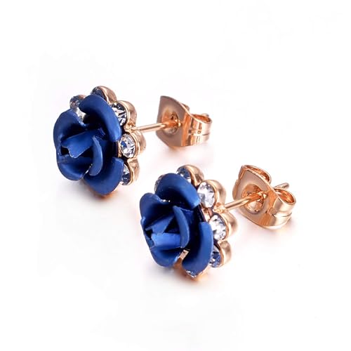 Vogem Blue Rose Flower Earrings Studs for Women Rose Gold Plated Stud Earrings for Pierced Ears Exquisite Jewelry