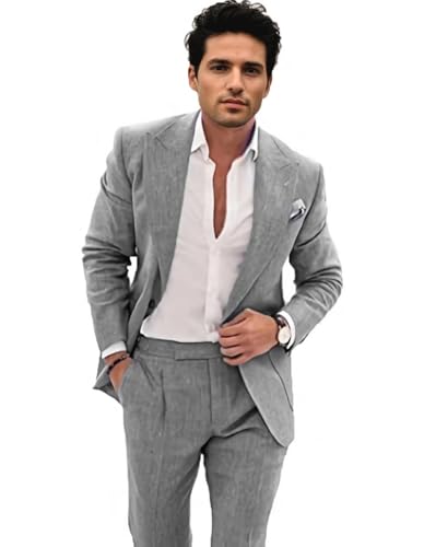 Mens Linen Suit 2 Piece Slim Fit Summer Beach Wedding Suits Casual Lightweight Linen Suit Blazer Pants Set