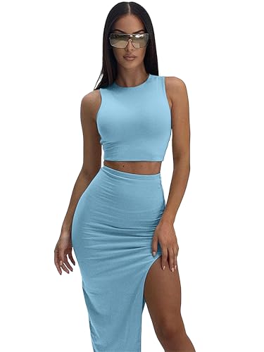 Image of ELLEVEN Sexy 2 Piece Maxi Skirt Sets for Women, Going Out Outfits | High Stretch, Lightweight, Slim Fit, Sleeveless Knit Crop Tank Top, High Slit Skirt Dress Set, Summer Date Night Outfits