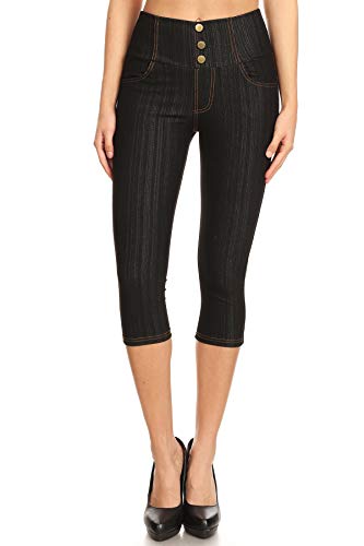 Women's High Waist Stretch Skinny Denim Capri Jeggings with Pockets (1X-Large, Capri-Black)