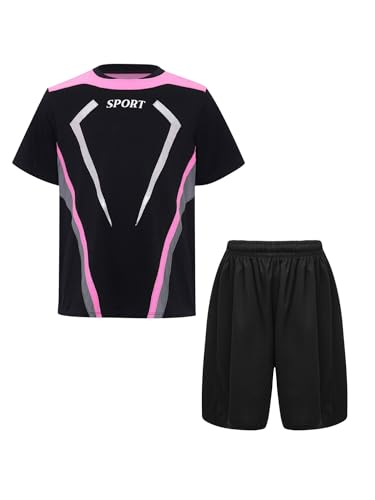 easyforever Boys Quick-dry 2-piece Football Outfit Color Block Sports Top With Shorts For Soccer Basketball Running Pink 12 Years3
