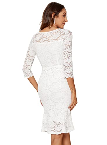 Atnlewhi Womens 3/4 Sleeve Lace Cocktail Dresses Party Wedding Guest V Neck Formal Evening Bodycon Ruffle Dress White #TOP1