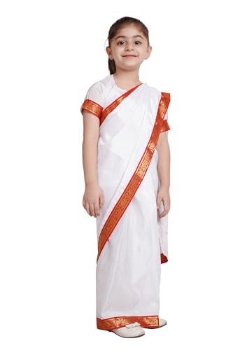 Image of Kaku Fancy Dresses Polyester Indian State Bengali Dance White Saree Costume For Kids -White & Red, 3-4 Years, For Girls