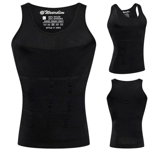 Image of Wearslim Men Compression Shirt For Workout Vest Abs Abdomen Slim Body Shaper Undershirt Slimming Shirt to Hide Gynecomastia Stretchable Tummy Tucker Vest - Pack of 2 - (Black & White)
