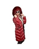 Wunderschöne rote Winterjacke mit Pelzbesatz für Kapuze aus Finnraccoon.