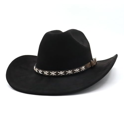 Image of Western Suede Cowboy Hat for Women Men Wide Brim Classic Cowboy Cowgirl Hat with Buckle Belt Felt Fedora Hat